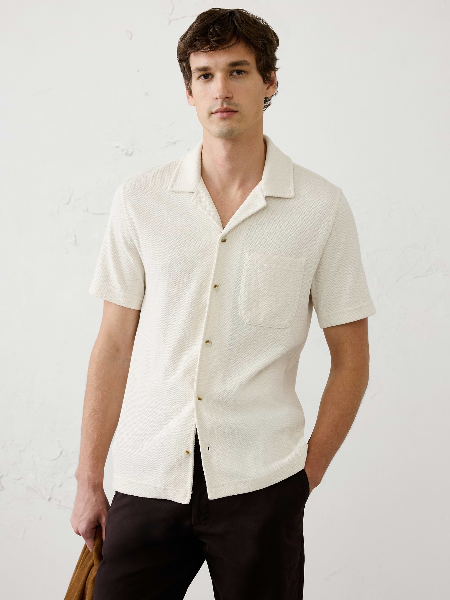 Image 1 of 4, Lapel collar. Short sleeves., Button front closure., Chest pocket., Straight hem., Made exclusively for Banana Republic Factory., Product #1176096