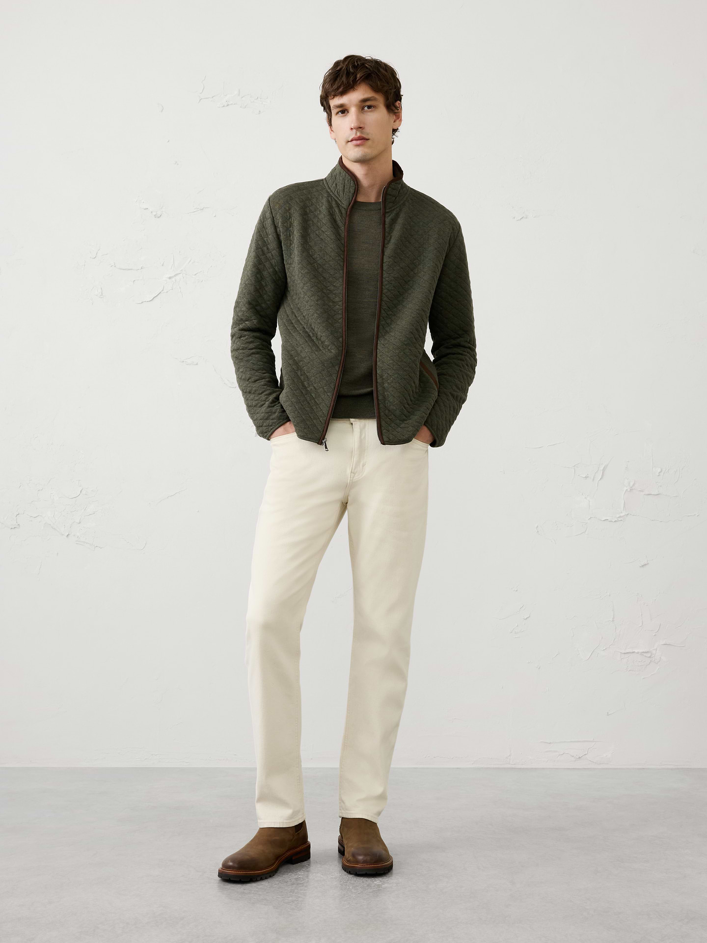 Image 1 of 5, Made from a soft diamond‑quilted fabric, this jacket delivers lightweight warmth with a refined, textured finish. Perfect for layering, it offers comfortable protection for cooler days while maintaining an easy, polished look., Mock collar. Long sleeves., Full zip‑front closure., Vegan suede contrast trim along the collar and zipper adds refined detail., Made exclusively for Banana Republic Factory., To view a copy of this product’s label, copy the style number below and search this database Law Label Lookup <, Product #1181079