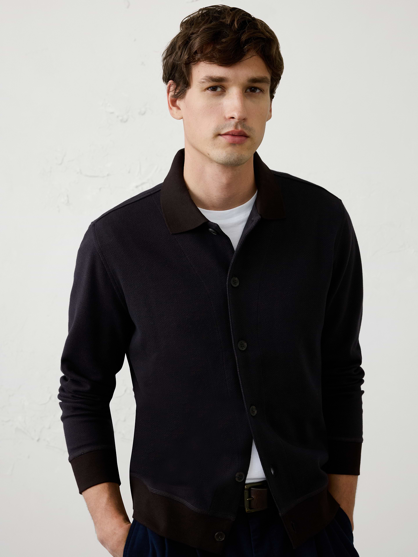 Image 3 of 3, Herringbone Knit Polo Cardigan