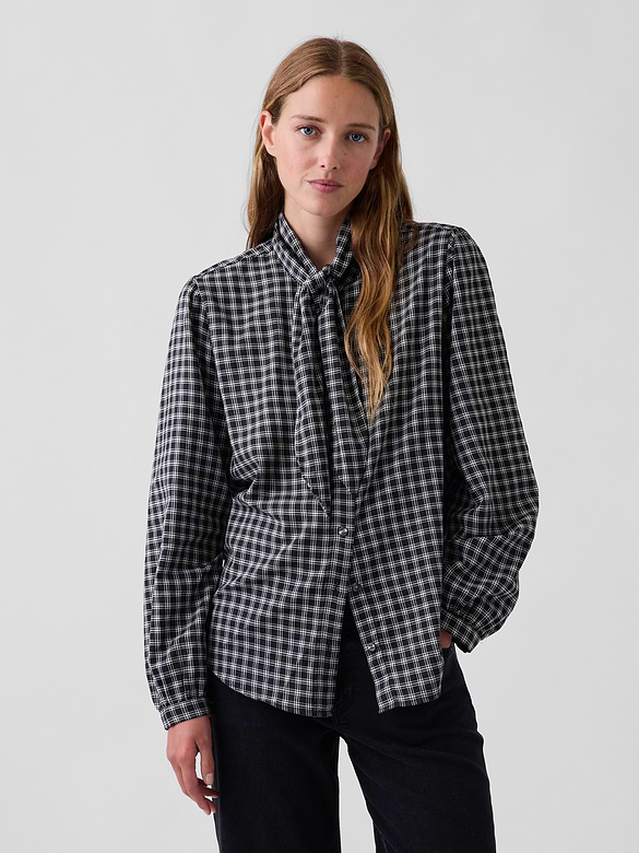 Plaid Tie-Neck Shirt