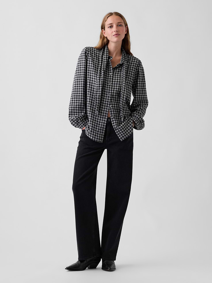 Image 2 of 5, Plaid Tie-Neck Shirt