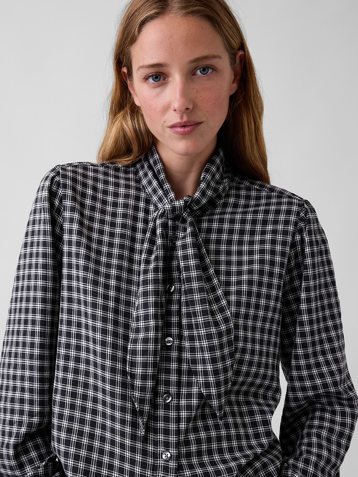 Image 4 of 5, Plaid Tie-Neck Shirt