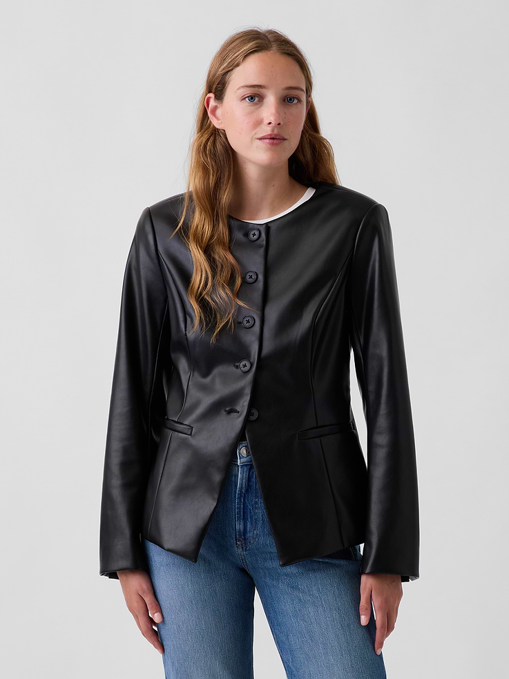 Image 1 of 5, Smooth vegan leather fitted blazer top., Round neck, button front., Long sleeves., Princess seams at front and back., Front welt pockets., Front slit., Fully lined., This product was made in a factory that invests in gender equity and women’s empowerment through RISE. Learn more at gapinc.com/equity ., Product #1184860