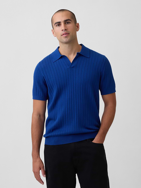 100% Cotton Relaxed Ribbed Johnny Collar Polo Sweater