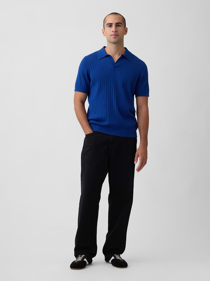 Image 3 of 5, 100% Cotton Relaxed Ribbed Johnny Collar Polo Sweater