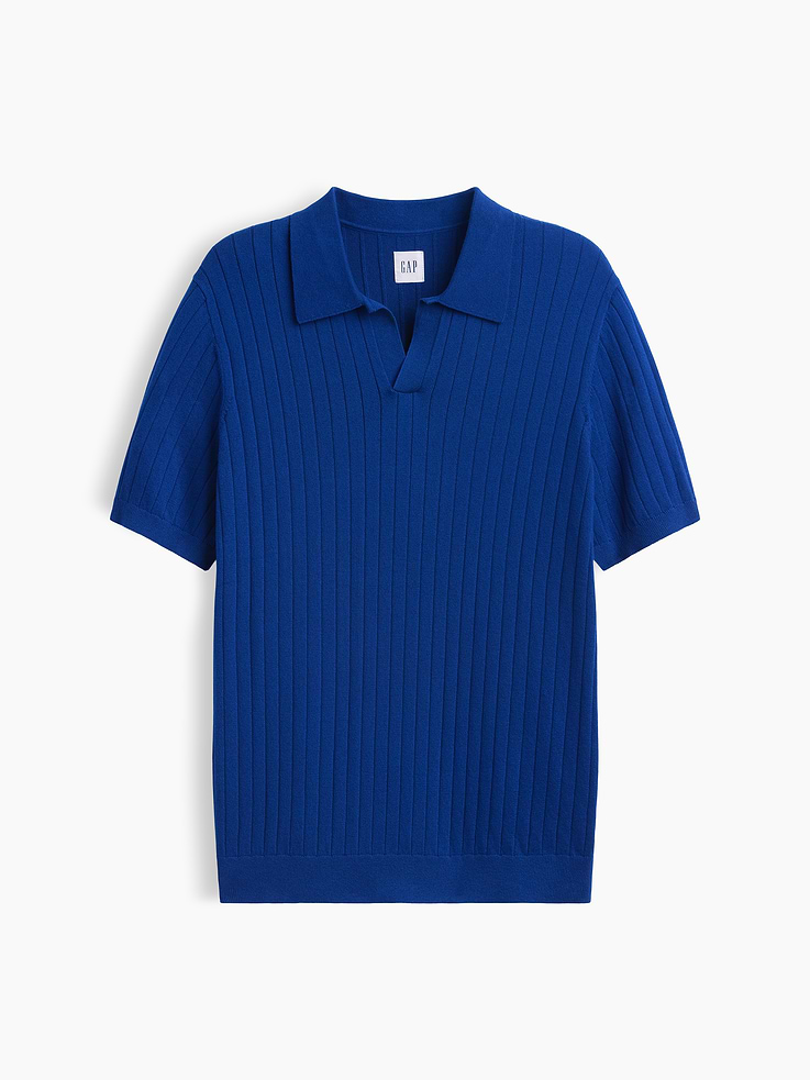 Image 5 of 5, 100% Cotton Relaxed Ribbed Johnny Collar Polo Sweater