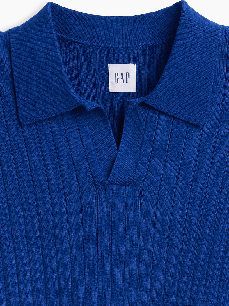 Image 4 of 5, 100% Cotton Relaxed Ribbed Johnny Collar Polo Sweater