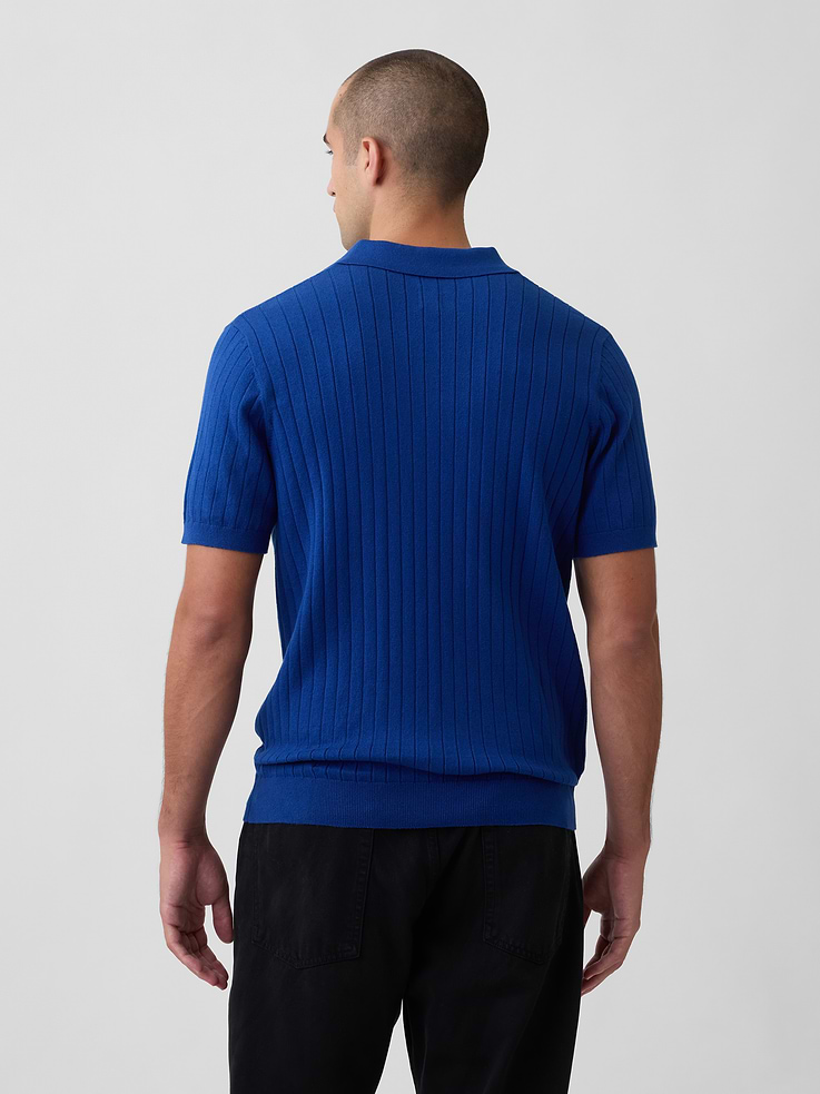 Image 2 of 5, 100% Cotton Relaxed Ribbed Johnny Collar Polo Sweater