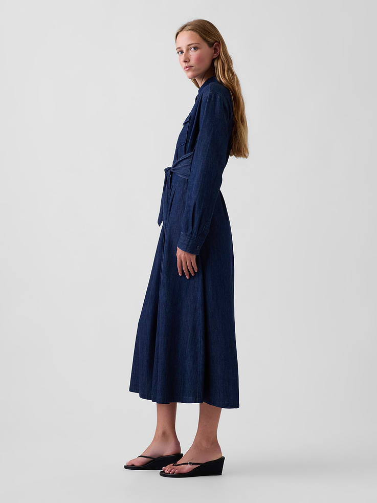 Image 3 of 5, Denim Tie-Waist Maxi Shirtdress