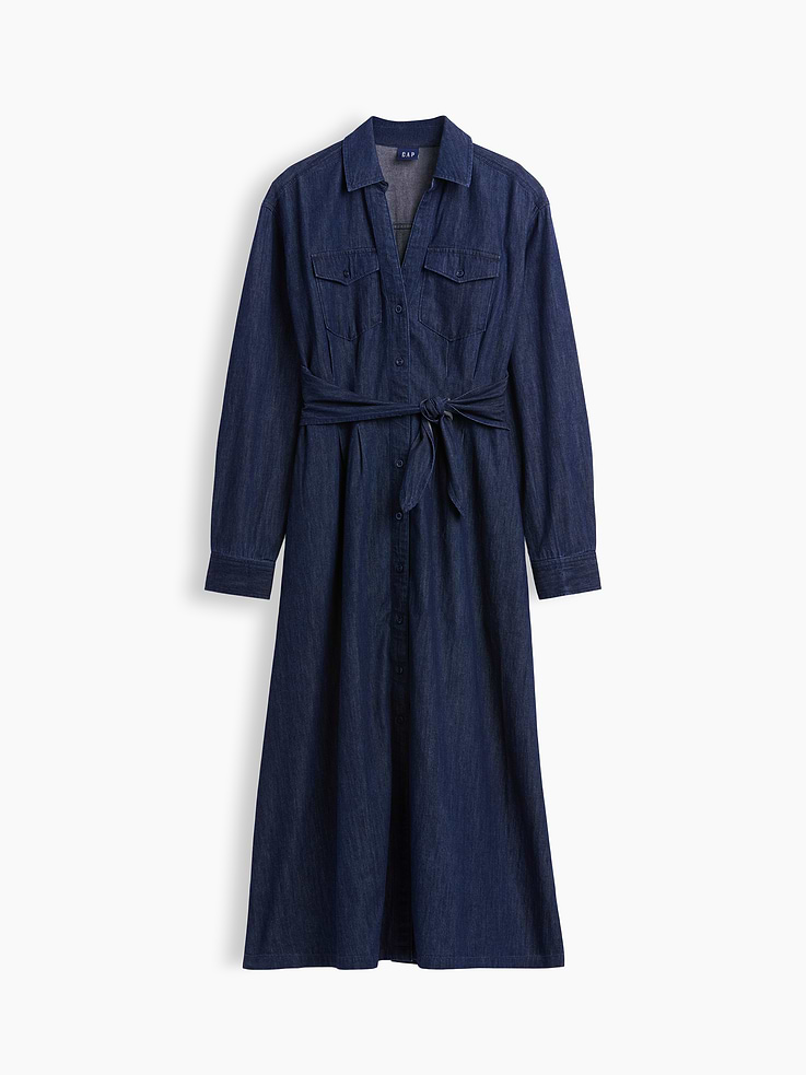Image 5 of 5, Denim Tie-Waist Maxi Shirtdress