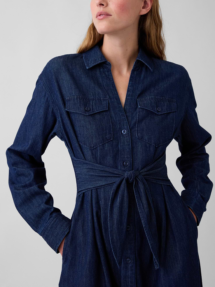 Image 4 of 5, Denim Tie-Waist Maxi Shirtdress