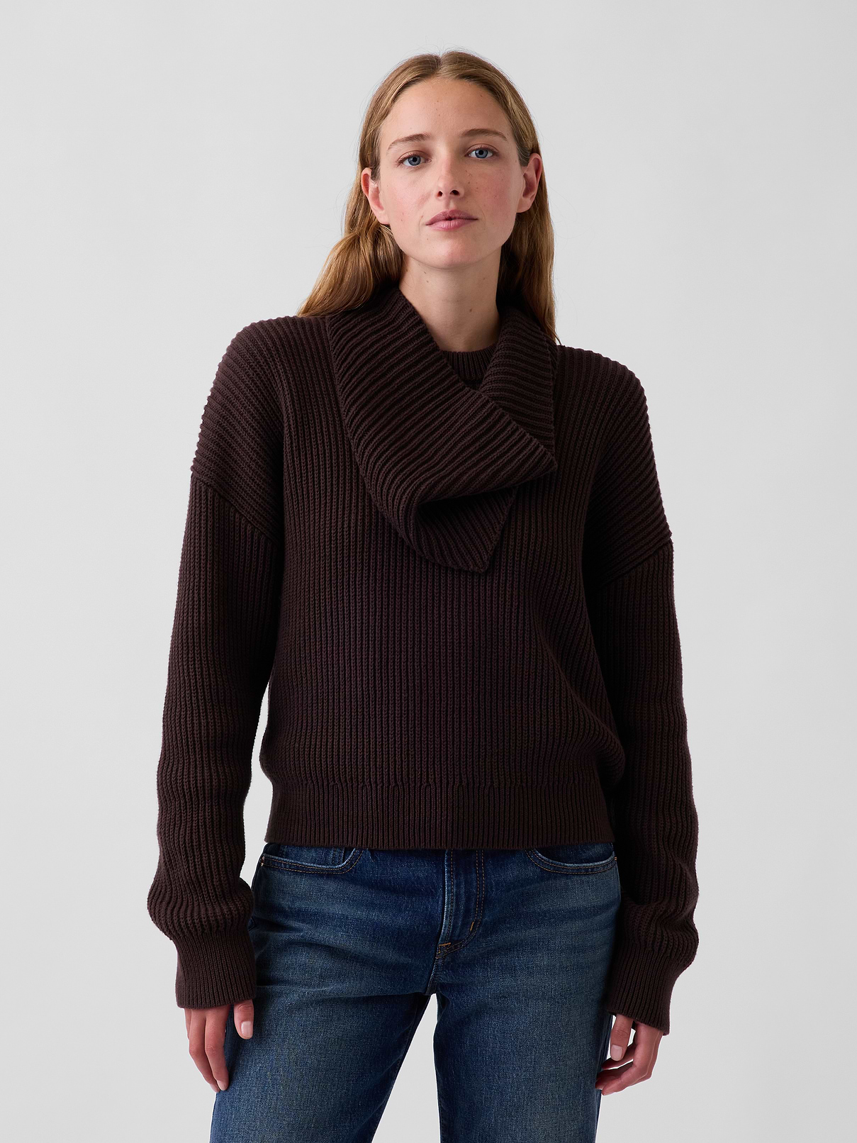 100% Cotton Relaxed Scarf-Neck Sweater