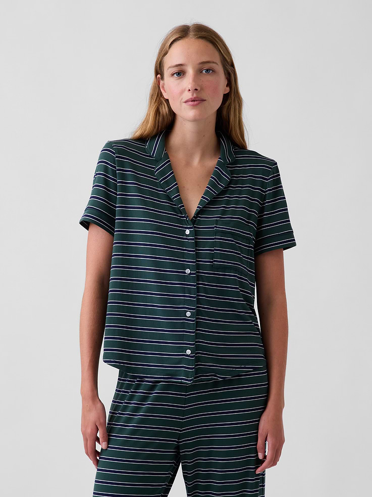 Image 1 of 4, The modal PJs of your dreams. Buttery soft. Naturally cool. With a little stretch. For sleeping, lounging, comfortably., Soft, stretch modal-blend pajama top., Notch collar at V-neck., Short sleeves., Button front., Piping allover., Certain styles have allover prints., This product was made in a factory that invests in gender equity and women’s empowerment through RISE. Learn more at gapinc.com/equity ., Product #728683