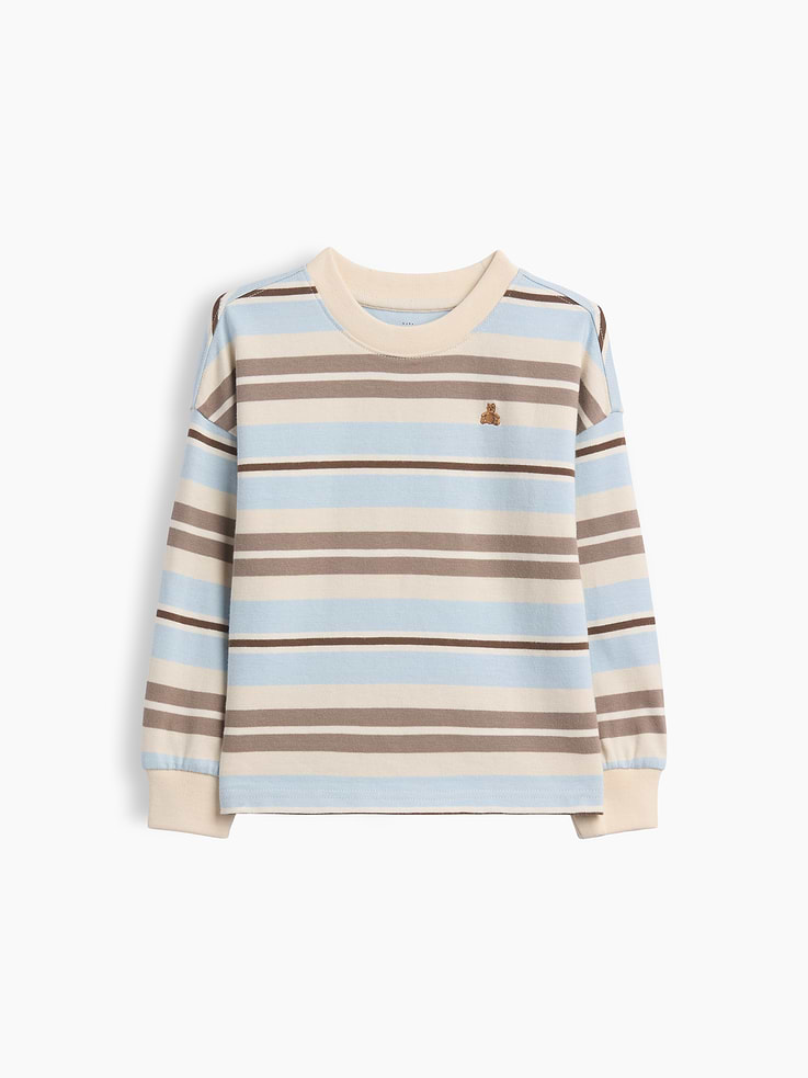 Image 1 of 2, Soft heavyweight cotton jersey T-shirt., Crewneck., Long sleeves with drop shoulders and banded cuffs., Embroidered Brannan Bear at chest., Certain styles have allover stripes., This product was made in a factory that invests in gender equity and women’s empowerment through RISE. Learn more at gapinc.com/equity ., Product #844107