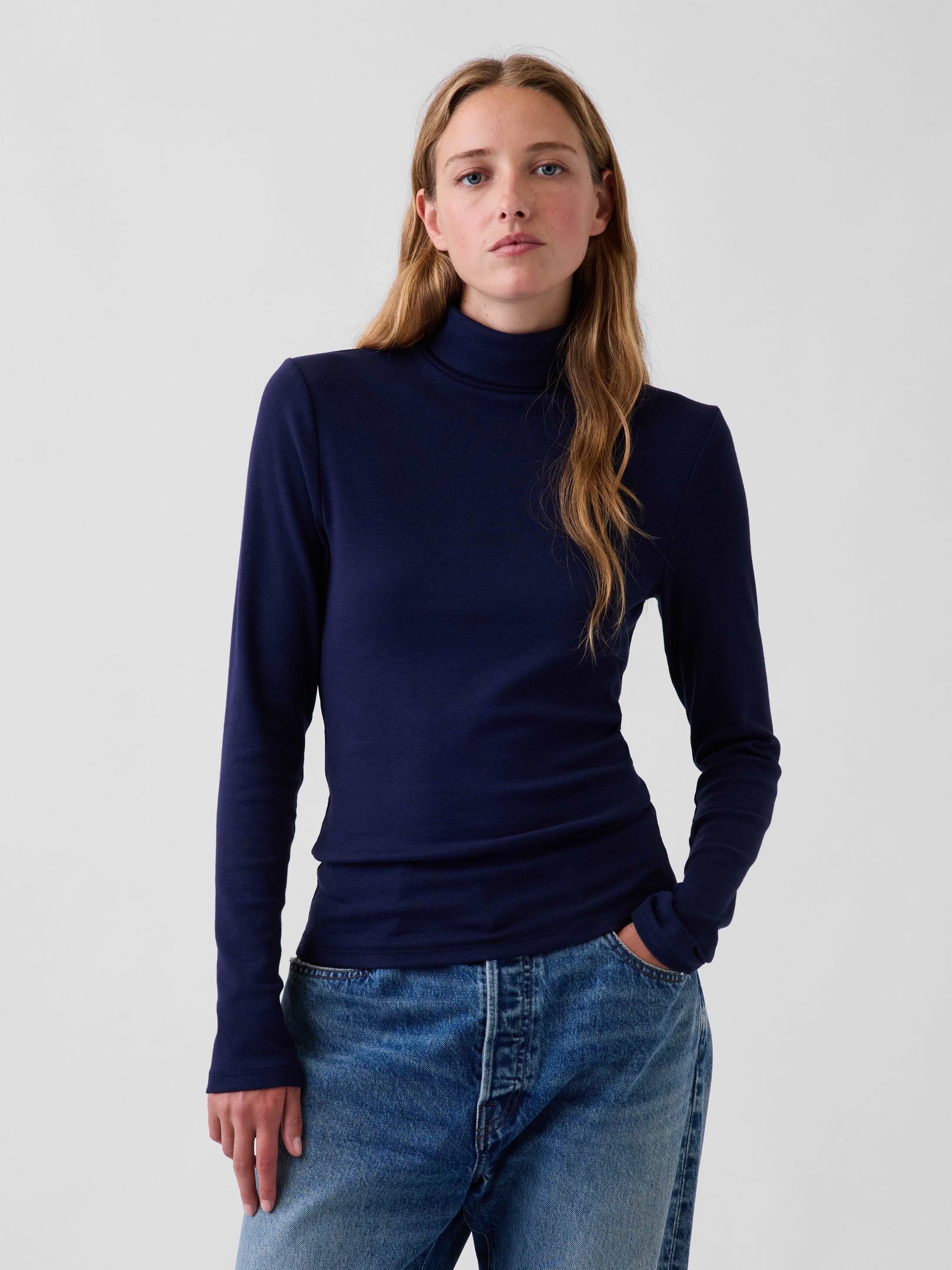 Image 1 of 5, Soft, stretch modal-blend T-shirt., Turtleneck., Long sleeves., Product #915375