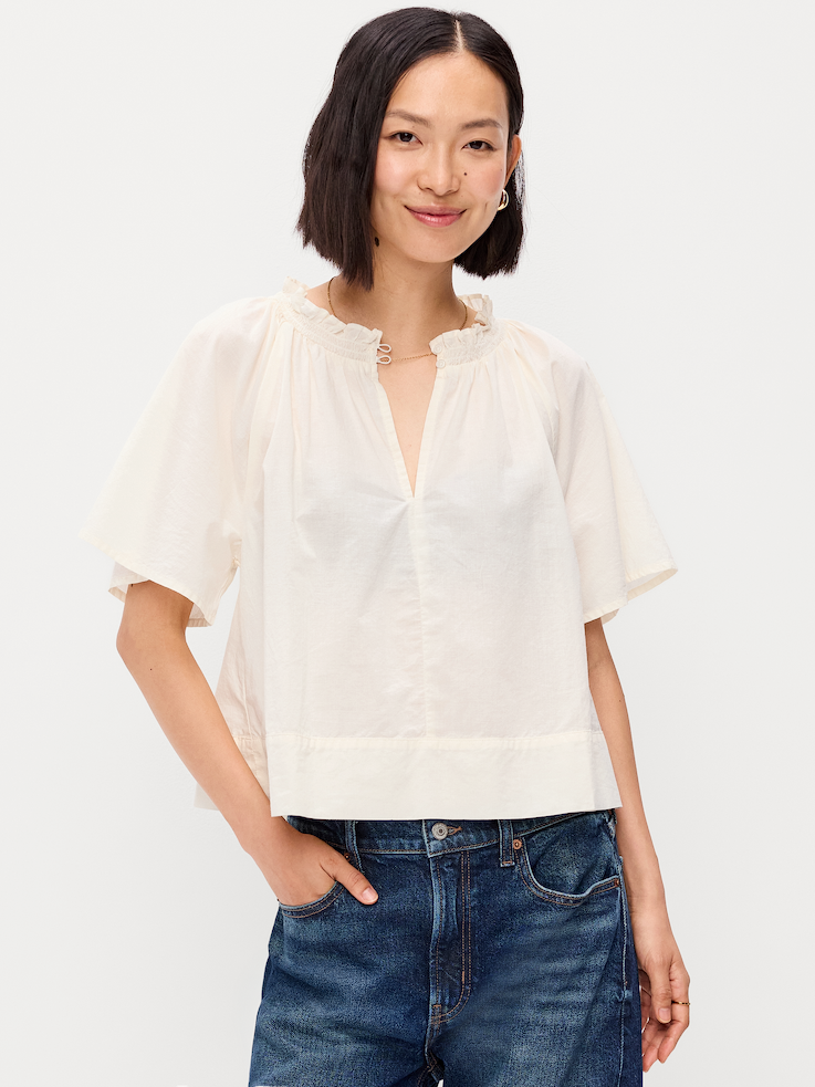 Image 1 of 8, ruffled open v neck, short sleeves, button closure at neckline, Product #908827