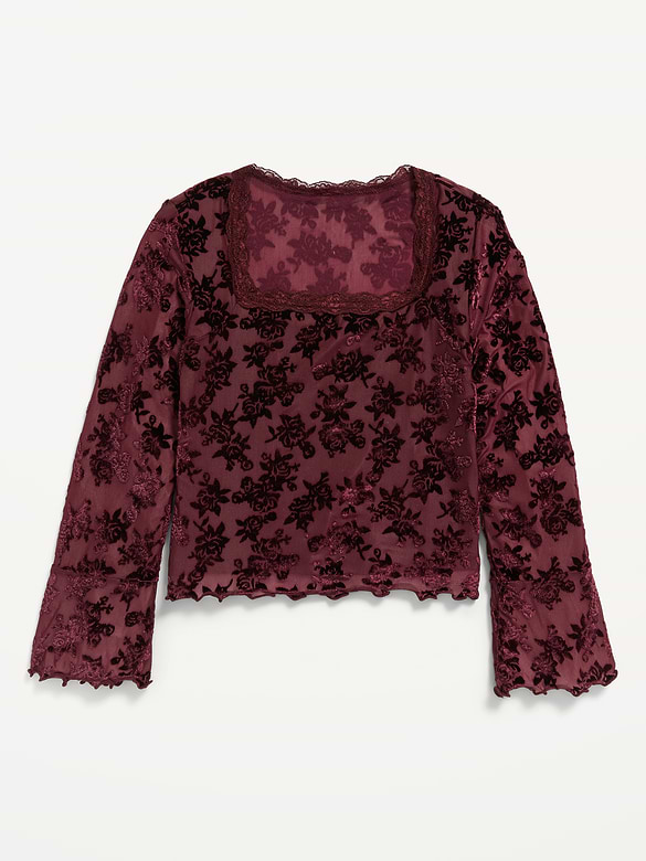 Long-Sleeve Floral Velour Top for Girls