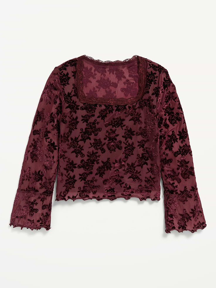 Image 2 of 4, Long-Sleeve Floral Velour Top for Girls