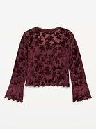 Image 3 of 4, Long-Sleeve Floral Velour Top for Girls