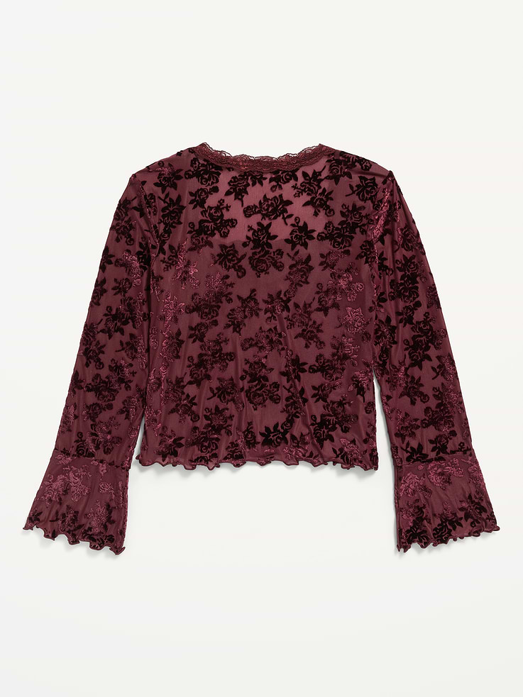 Image 3 of 4, Long-Sleeve Floral Velour Top for Girls