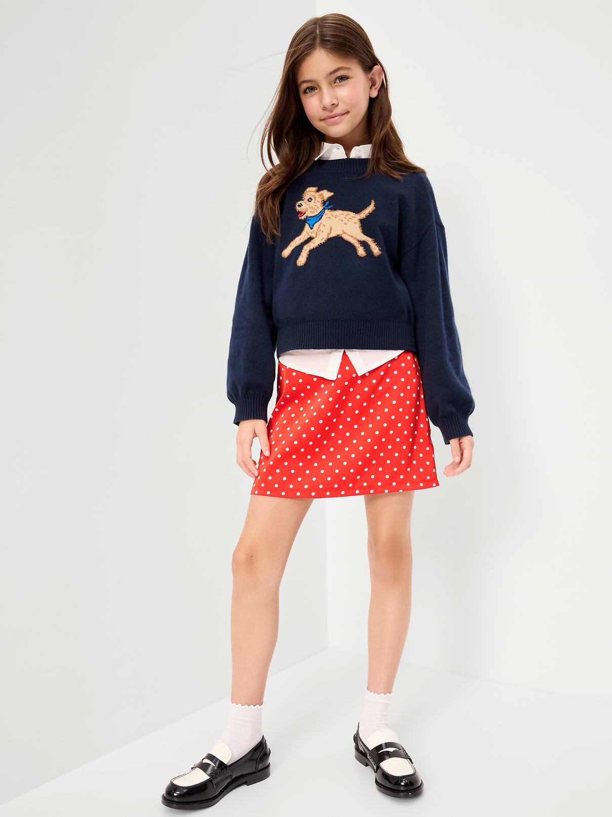 Image 1 of 5, elasticized waistband, decorative bow, all-over polka dots, model is approx. 4’4” and wears size m, Product #1183731