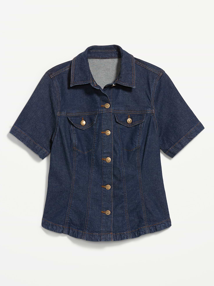 Image 8 of 8, Short-Sleeve Button-Front Denim Top