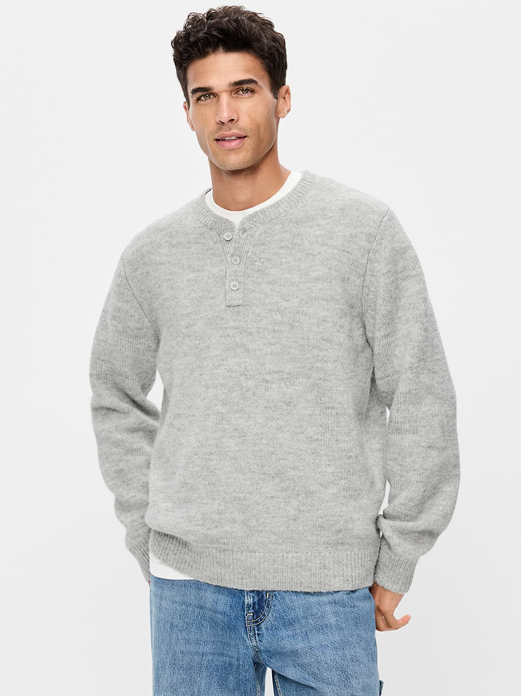 Image 1 of 4, crew neck, long sleeves, button-henley placket, Product #907646