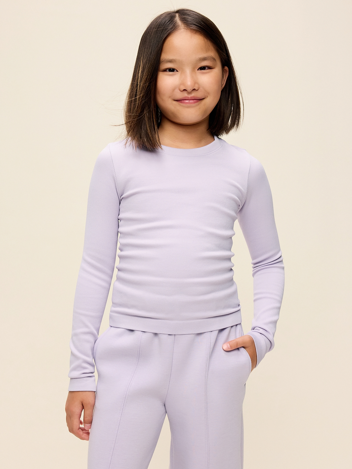 Fitted Long-Sleeve Seamless Ribbed Performance Top for Girls | Old