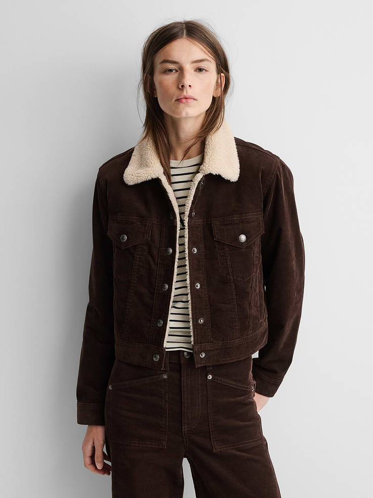 Image 1 of 10, Soft, stretch corduroy jacket. In a cropped fit., Sherpa spread collar, logo snap-button front., Long sleeves with logo button cuffs., Logo button-flap patch pockets at chest., Slant pockets., Logo button-tabs and leather patch at rear hem., Sherpa lining., Responsibly Made: This jacket is part of our water-saving Washwell program. Compared with conventional wash methods, Washwell uses at least 20% less water., Product #1179809
