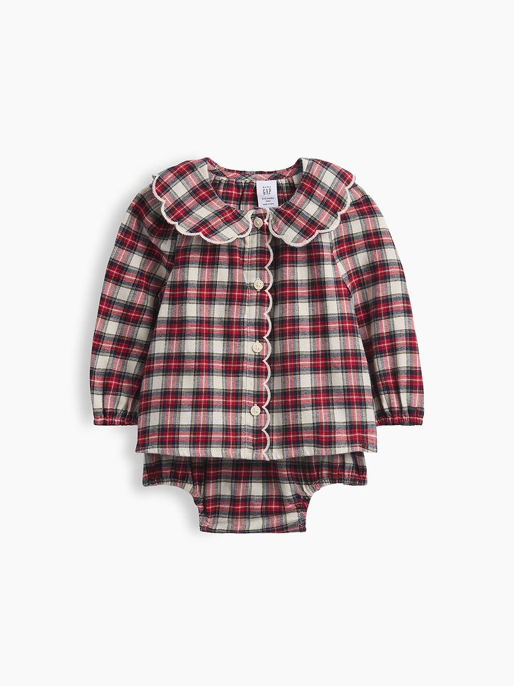 Image 1 of 2, Soft, brushed cotton flannel bodysuit dress., Peter Pan collar, button front., Long sleeves with elasticized cuffs., Embroidered scallop edging at collar and front placket., Elasticized leg openings., Snaps at inseam for easy dressing and diapering., Allover plaid., This product was made in a factory that invests in gender equity and women’s empowerment through RISE. Learn more at gapinc.com/equity ., Product #1184747