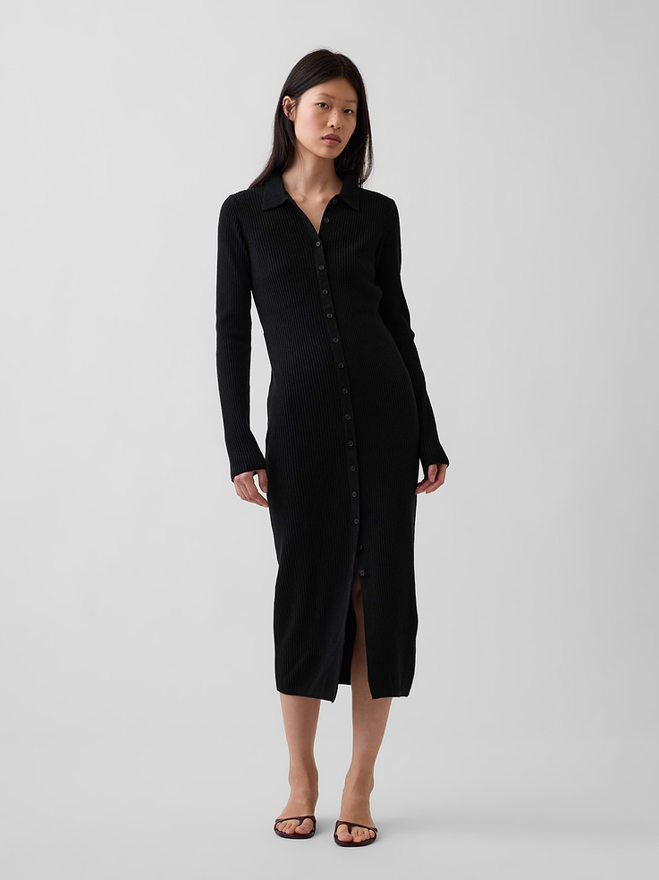Image 1 of 5, Supersoft, ribbed knit cotton-blend sweater maxi shirtdress., Point collar, button front., Long sleeves., Front slit., This product was made in a factory that invests in gender equity and women’s empowerment through RISE. Learn more at gapinc.com/equity ., Product #1184722