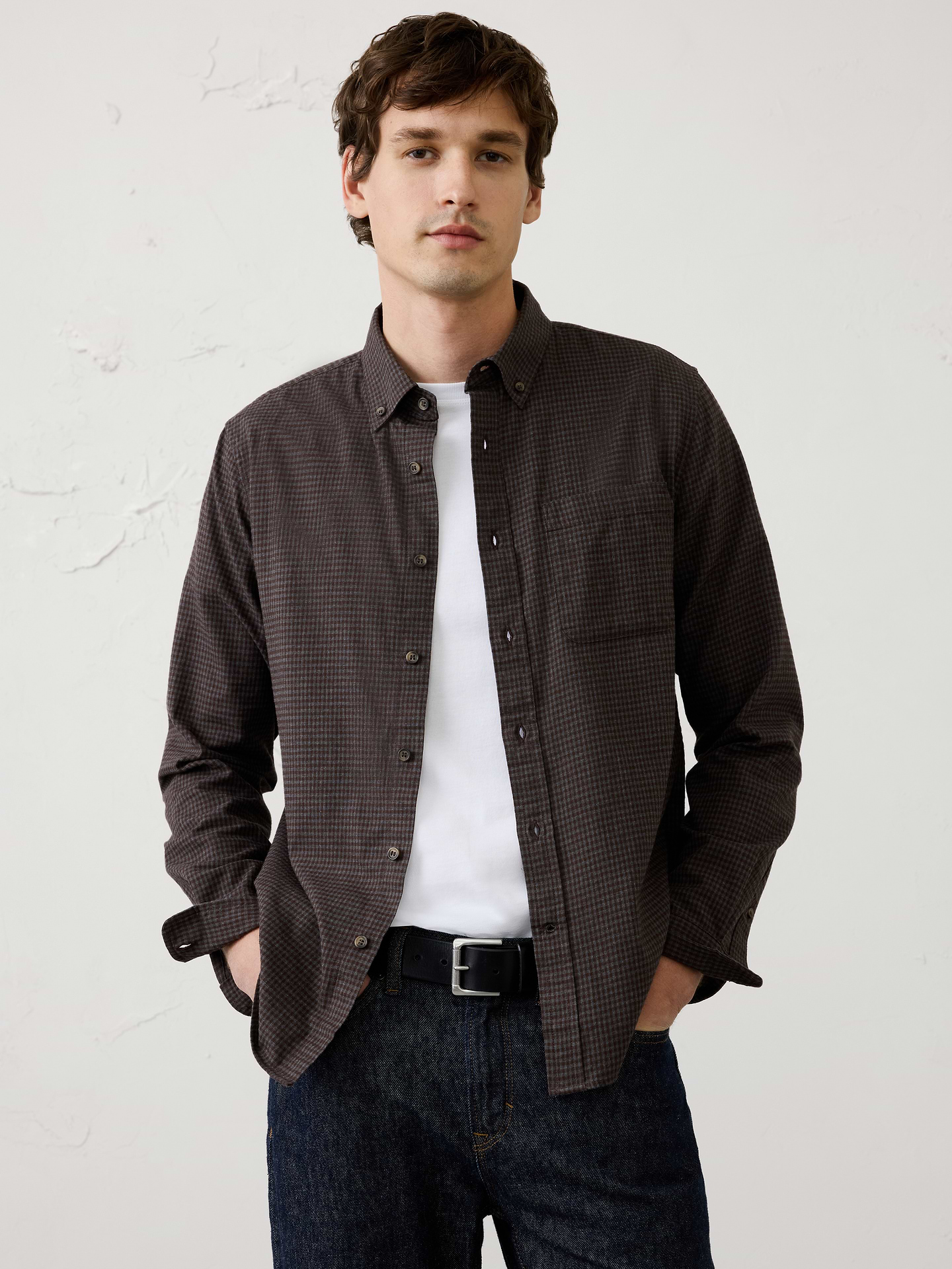 Image 1 of 3, A lightweight flannel designed for seasonal transitions, offering the softness and classic pattern of traditional flannel without the bulk. Easy to layer and versatile across a range of everyday looks., UNTUCKED: Designed with a shorter hemline to hit right at the hips., Button down collar. Long sleeves with adjustable double-button barrel cuffs and button vents., Button‑front closure., Chest pocket., Back yoke., Shirttail hem., Made exclusively for Banana Republic Factory., Product #1175888