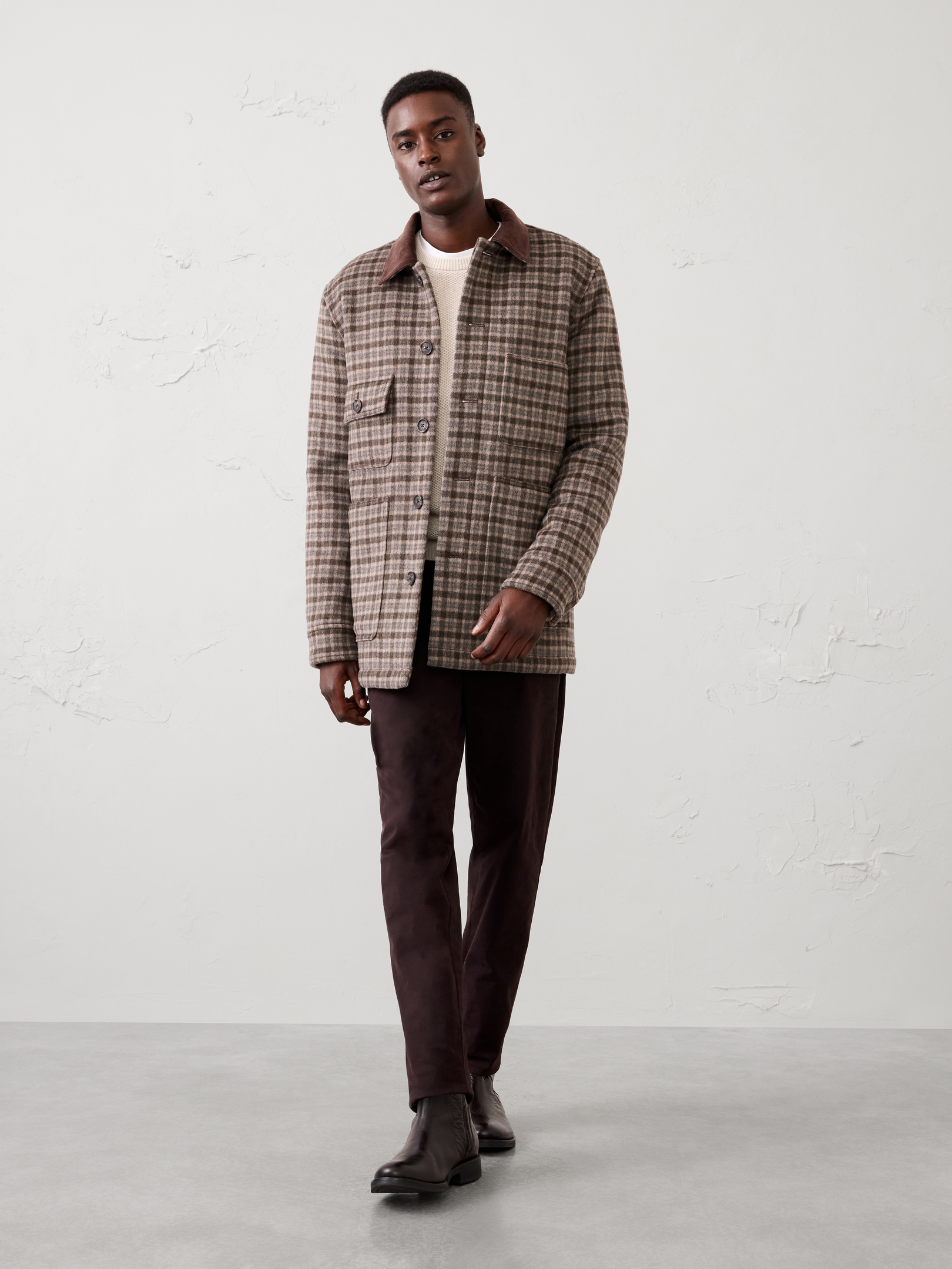 Image 1 of 4, Crafted from an elevated patterned wool blend, this jacket delivers timeless style with exceptional versatility. A corduroy collar adds a heritage‑inspired touch, while the relaxed fit makes layering easy. Dress it up with tailored pieces or wear it more casually for effortless sophistication., Contrast corduroy collar. Long sleeves with adjustable button cuffs., Full button‑front closure., Large front patch pockets., Dual chest patch pockets. One chest pocket features a buttoned flap closure., Center‑back seam detail., Made exclusively for Banana Republic Factory., Product #1175830
