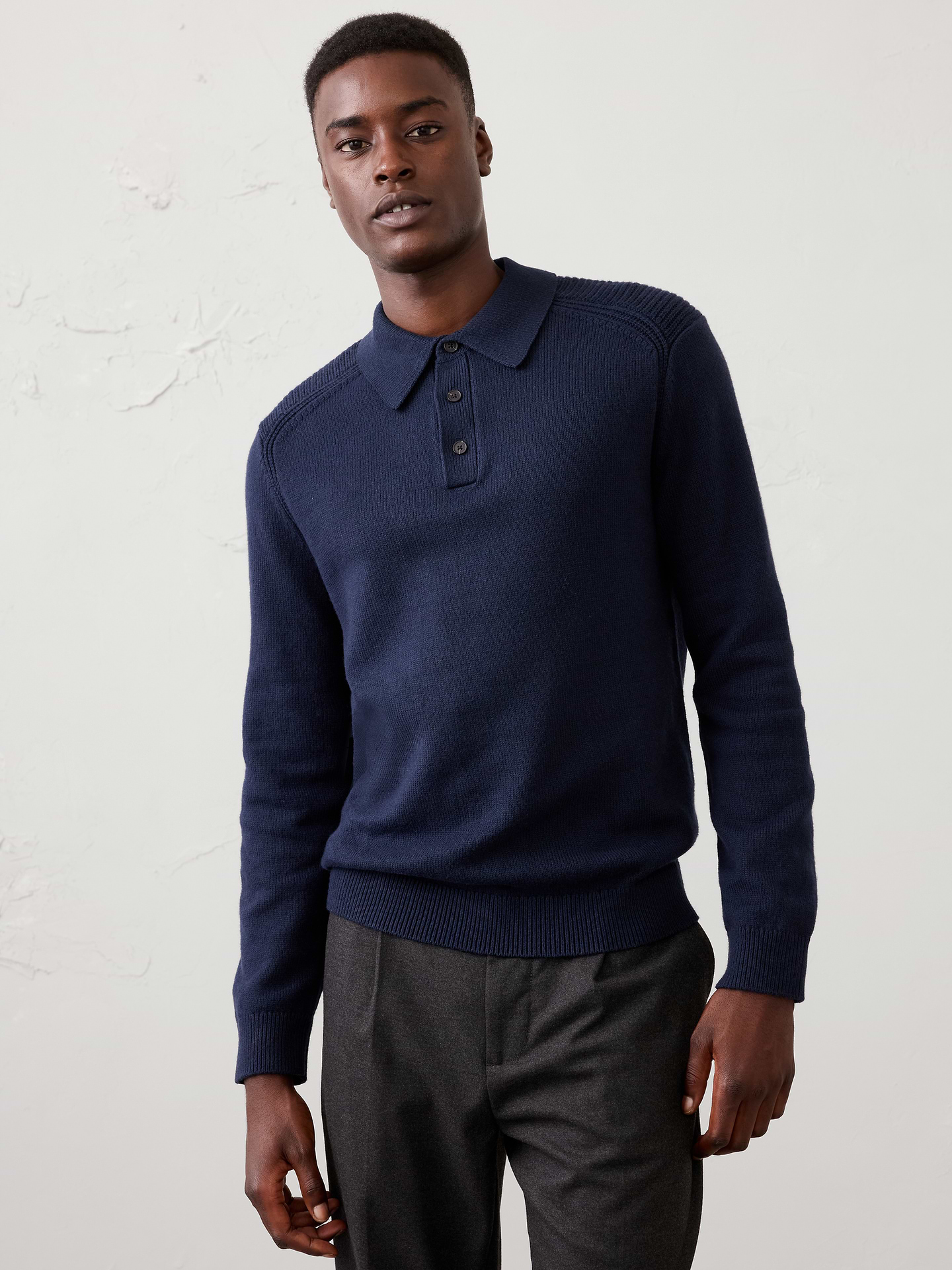 Image 1 of 3, Crafted from our ultra‑soft lofty yarn, this sweater polo combines exceptional comfort with rich texture and dimension for a look that feels elevated and luxurious. Offered in a range of beautiful colors, it’s an easy everyday style that brings effortless polish to both casual and dressed‑up looks., Polo collar. Long sleeves., Button placket., Ribbed collar, arm cuffs and hem., Made exclusively for Banana Republic Factory., Product #1175820