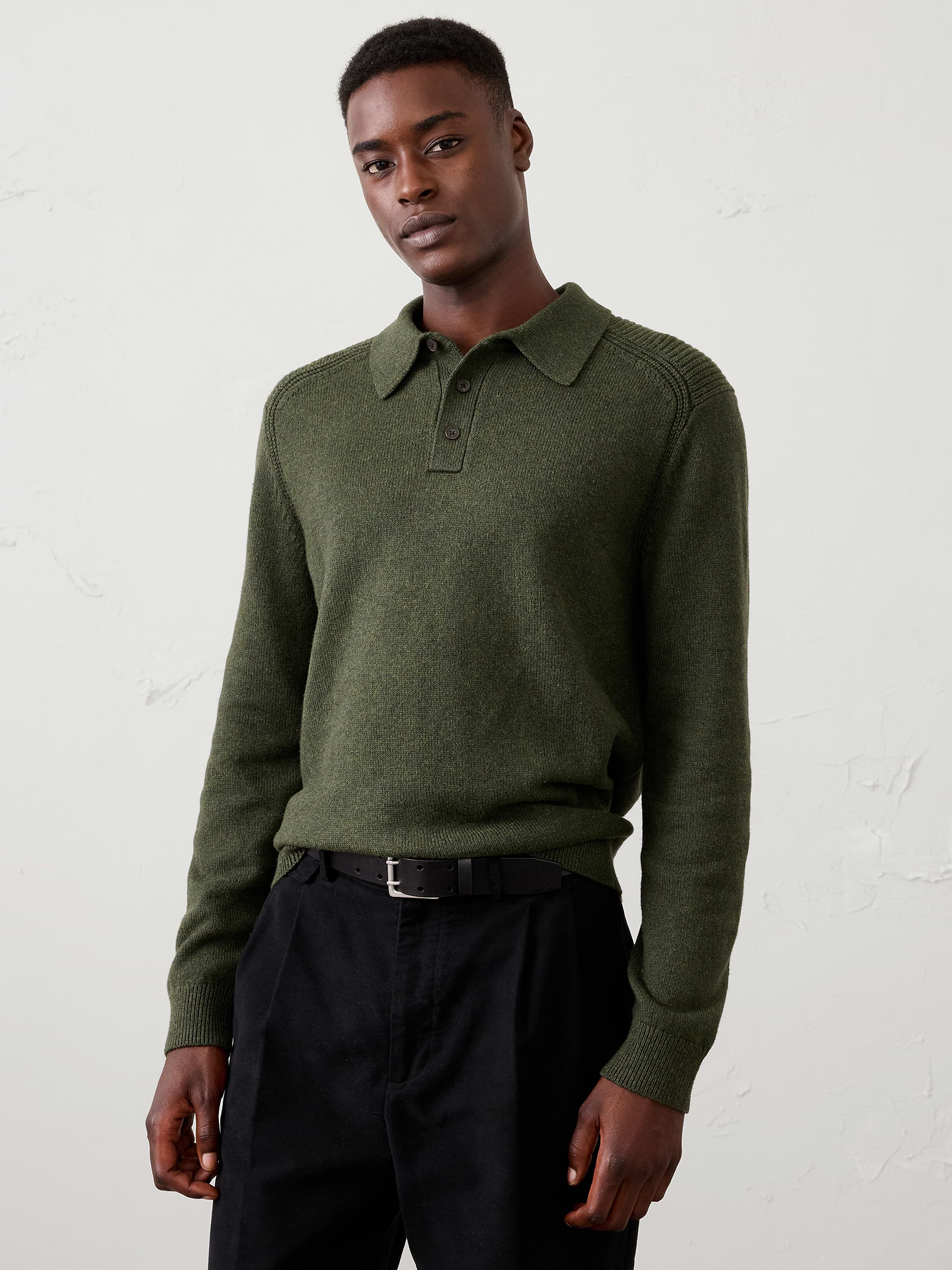 Image 1 of 3, Crafted from our ultra‑soft lofty yarn, this sweater polo combines exceptional comfort with rich texture and dimension for a look that feels elevated and luxurious. Offered in a range of beautiful colors, it’s an easy everyday style that brings effortless polish to both casual and dressed‑up looks., Polo collar. Long sleeves., Button placket., Ribbed collar, arm cuffs and hem., Made exclusively for Banana Republic Factory., Product #1175820