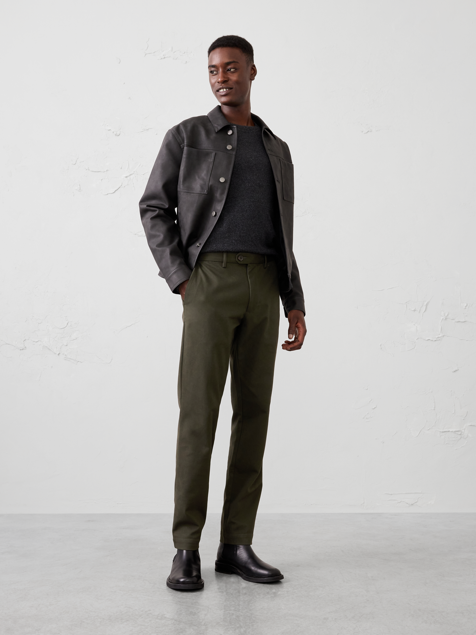 Image 1 of 3, A customer favorite returns in an ultra‑soft brushed fabrication with added stretch for exceptional comfort and ease of movement. Finished in rich seasonal colors and our proven Slim Fit, it delivers a polished look with everyday versatility., Extended button closure with zip fly. Belt loops., Front off-seam pockets. Double welt buttoned back pockets., Soft trouser crease., Made exclusively for Banana Republic Factory., Product #1179693