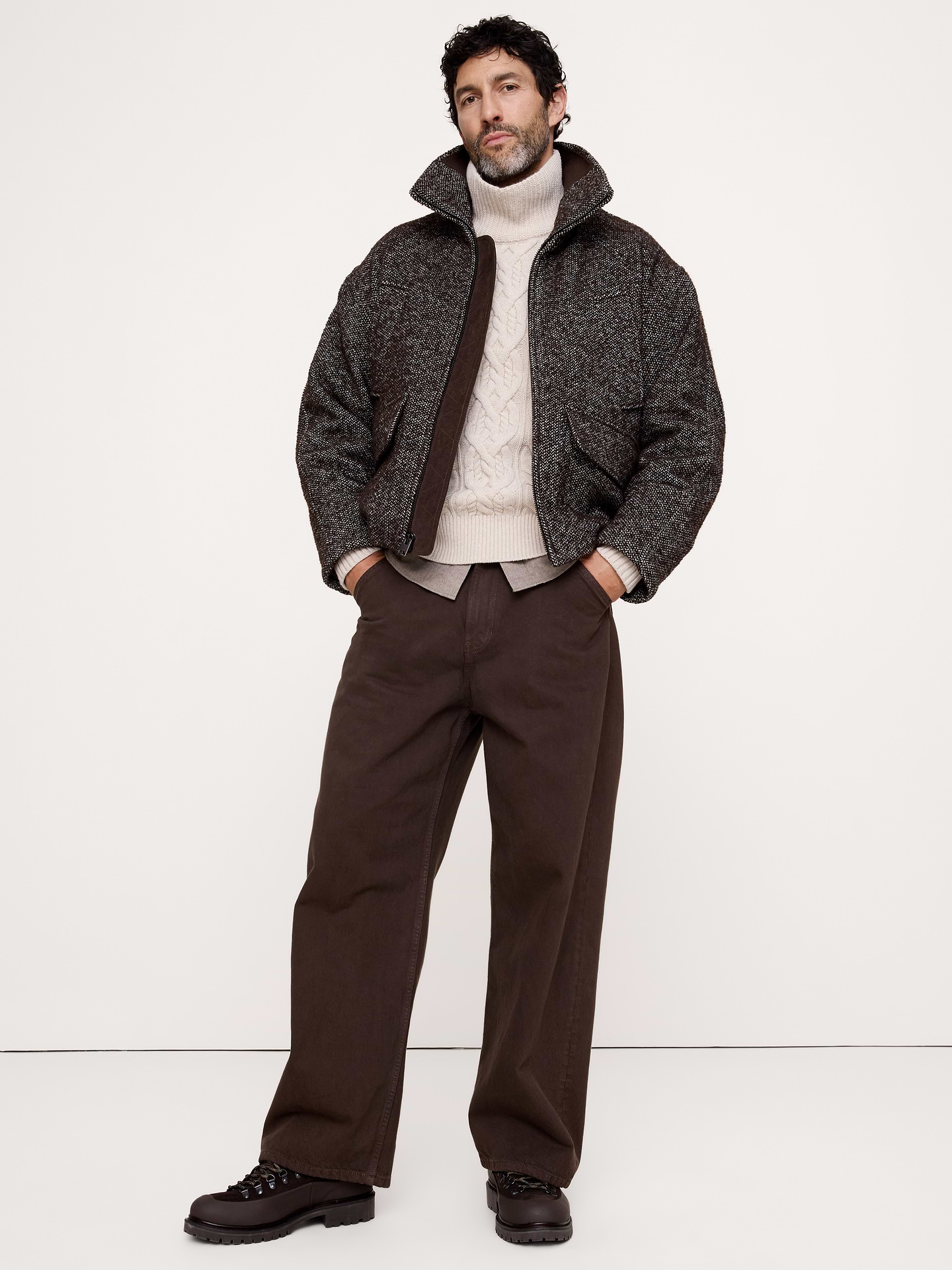 Image 1 of 8, Things we love about this bomber jacket: the soft feel, the multi-color wool-blend texture, and the sporty, zip-up design. Plus, we added oversized utility pockets to keep you organized., Oversized Fit: A roomy fit with dropped shoulder seams., Stand collar with zip front., Front pockets., Lined sleeves., Product #1180069