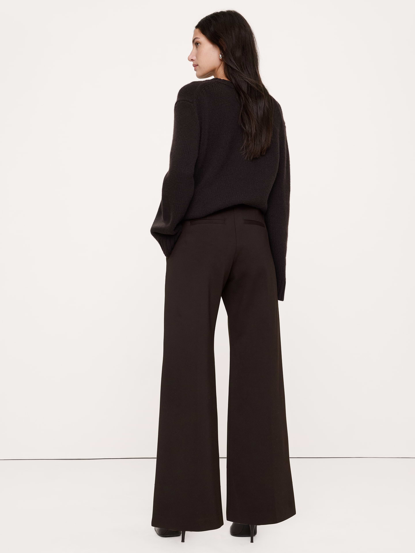 Image 3 de 8, Pantalon à taille haute élastique, jambe large, en tricot point de Rome fluide