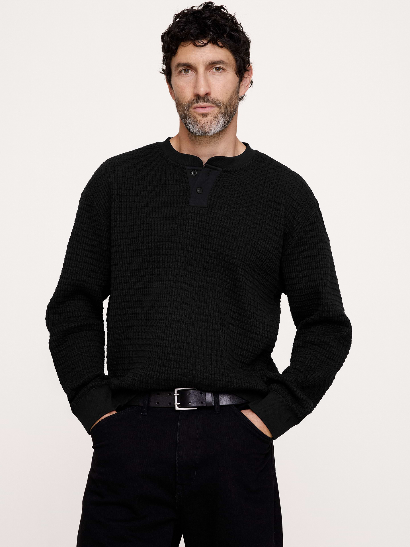 Image 1 of 6, Cut from soft cotton, this heavyweight shirt uses a textured waffle detail that makes it an easy go-to for dressing up on a cool day., Relaxed Fit: A straight & roomy fit. Dropped shoulder seam., Crew neck with henley placket., Straight hem., Product #906556