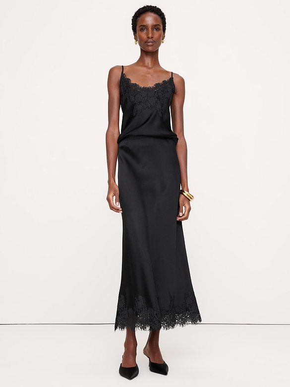 Stretch-Satin Lace-Trim Midi Skirt