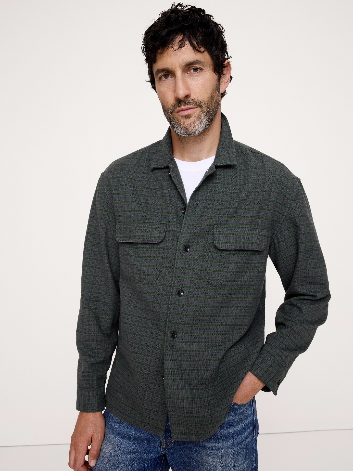 Image 1 of 8, We made this shirt from a 100% cotton dobby-weave flannel that's specially washed for softness., Relaxed Fit: A straight & roomy fit with a dropped shoulder seam., Resort collar with button front., Front pockets., Straight hem with vented seams., Product #906457