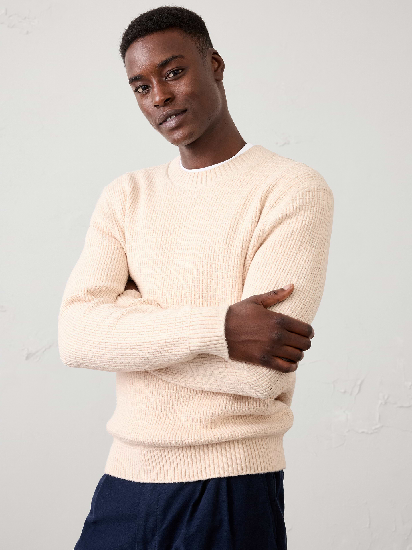 Image 1 of 5, Crafted from our ultra‑soft, plush cozy yarn, this sweater is the perfect everyday layer for fall and holiday dressing. An allover textured stitch adds depth and dimension, while ribbed trim provides a classic finish., Crew neck. Long sleeves., Ribbed neck, arm cuffs and hem., Made exclusively for Banana Republic Factory., Product #1175510