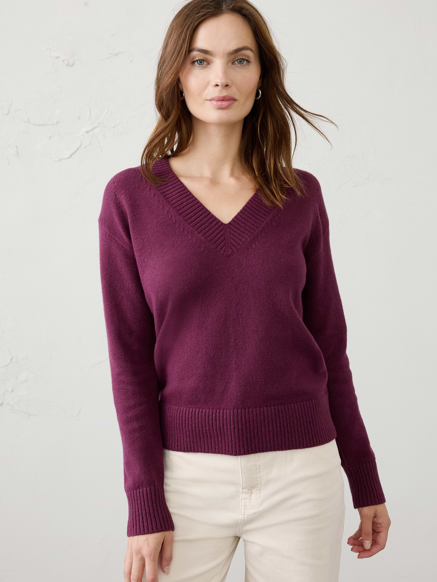 Image 1 of 7, Our sweater is knit from our signature Perfectly Soft yarn—a luxurious blend of cotton with a hint of wool, that feels as cozy as it looks., V-neckline. Long sleeves., Ribbed neck, arm cuffs and hem., Made exclusively for Banana Republic Factory., Product #1176456