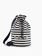 Image 1 of 5, Sturdy cotton canvas bucket bag., Adjustable shoulder strap., Drawstring closure at top., Gap × A.P.C. logo at front., Allover stripes., Product #1179740