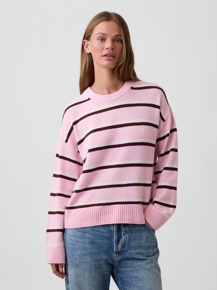 Image 1 of 5, Plush like cashmere. Easier than anything. With a lightweight layer-able feel & brushed for softness., Soft cotton-blend knit., Dropped shoulder, long sleeves with ribbed cuffs., Ribbed crewneck., Ribbed hem., Select styles have allover stripes., This product was made in a factory that invests in gender equity and women’s empowerment through RISE. Learn more at, Product #1177187