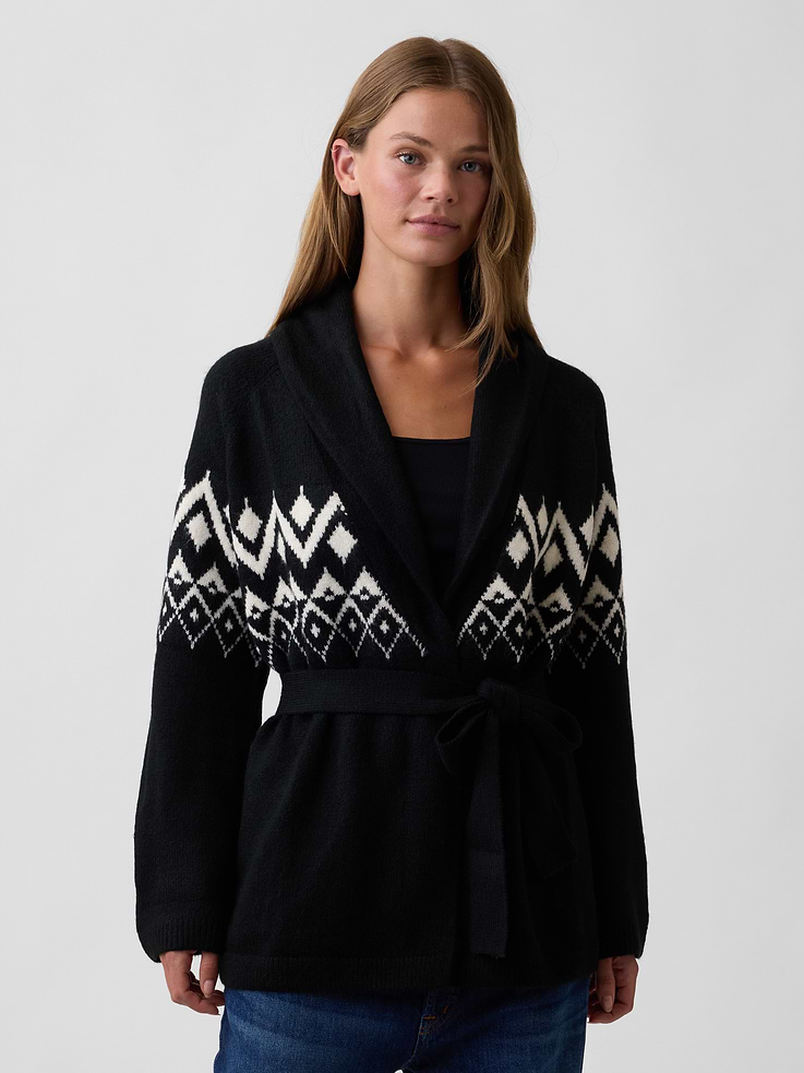 Image 1 of 5, This product is made with/contains 22% recycled polyester. Compared to virgin materials, using recycled materials helps reduce resource use and waste., Soft knit., Long sleeves., Shawl neckline, fair isle detailing at yoke., Open front with tie belt at waist., Product #1180028