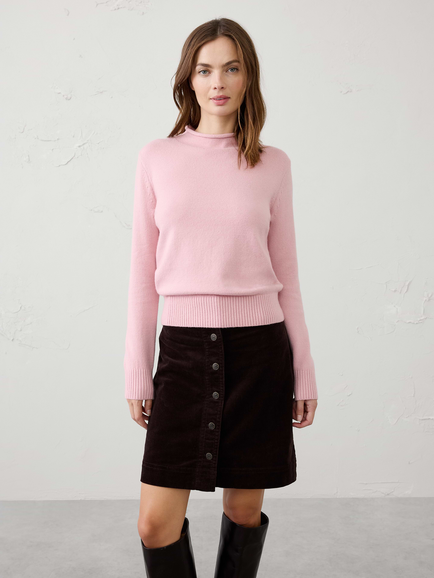 Image 1 of 8, Our sweater is knit from our signature Perfectly Soft yarn—a luxurious blend of cotton with a hint of wool, that feels as cozy as it looks., Rolled mock neck. Long sleeves., Ribbed cuffs and hem., Made exclusively for Banana Republic Factory., Product #1176464