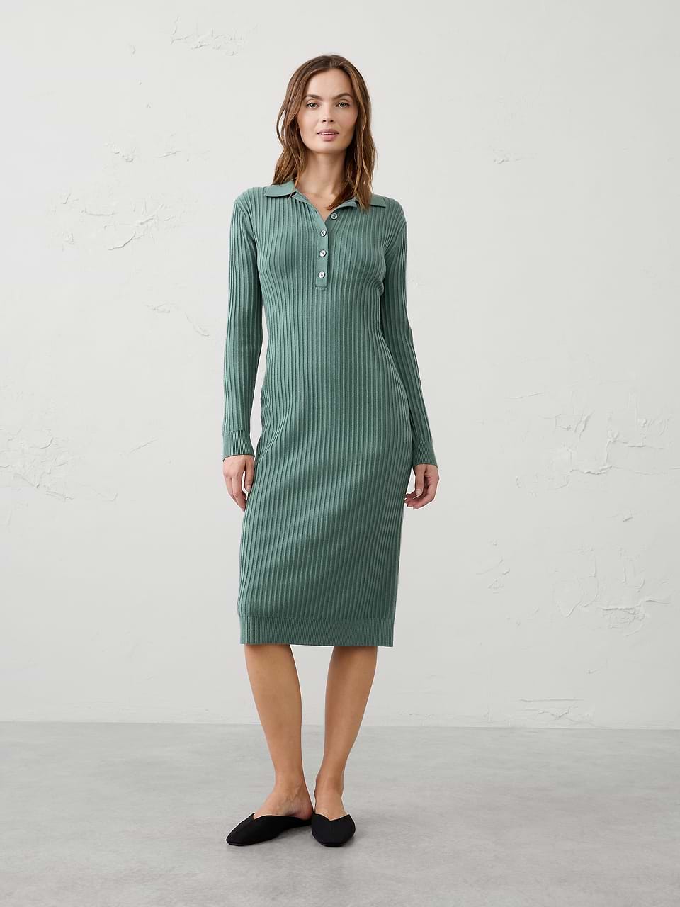 banana republic green sweater dress Ribbed Polo Midi Off shoulder jumper