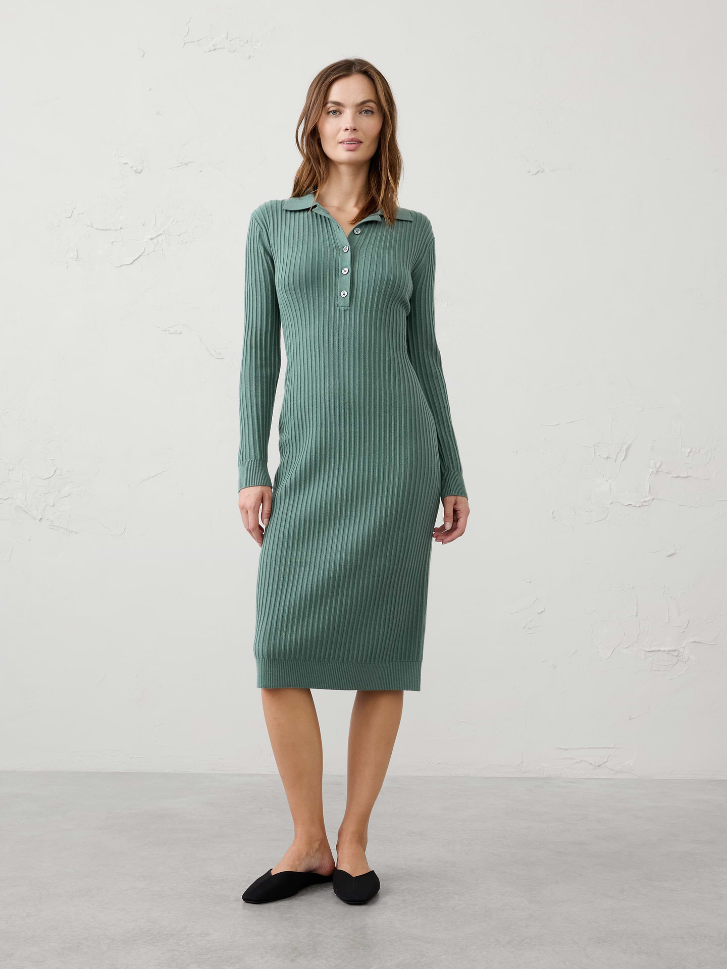 Image 1 of 6, Ribbed polo collar. Long sleeves., Button placket., Ribbed arm cuffs and hem., Made exclusively for Banana Republic Factory., Product #1176480