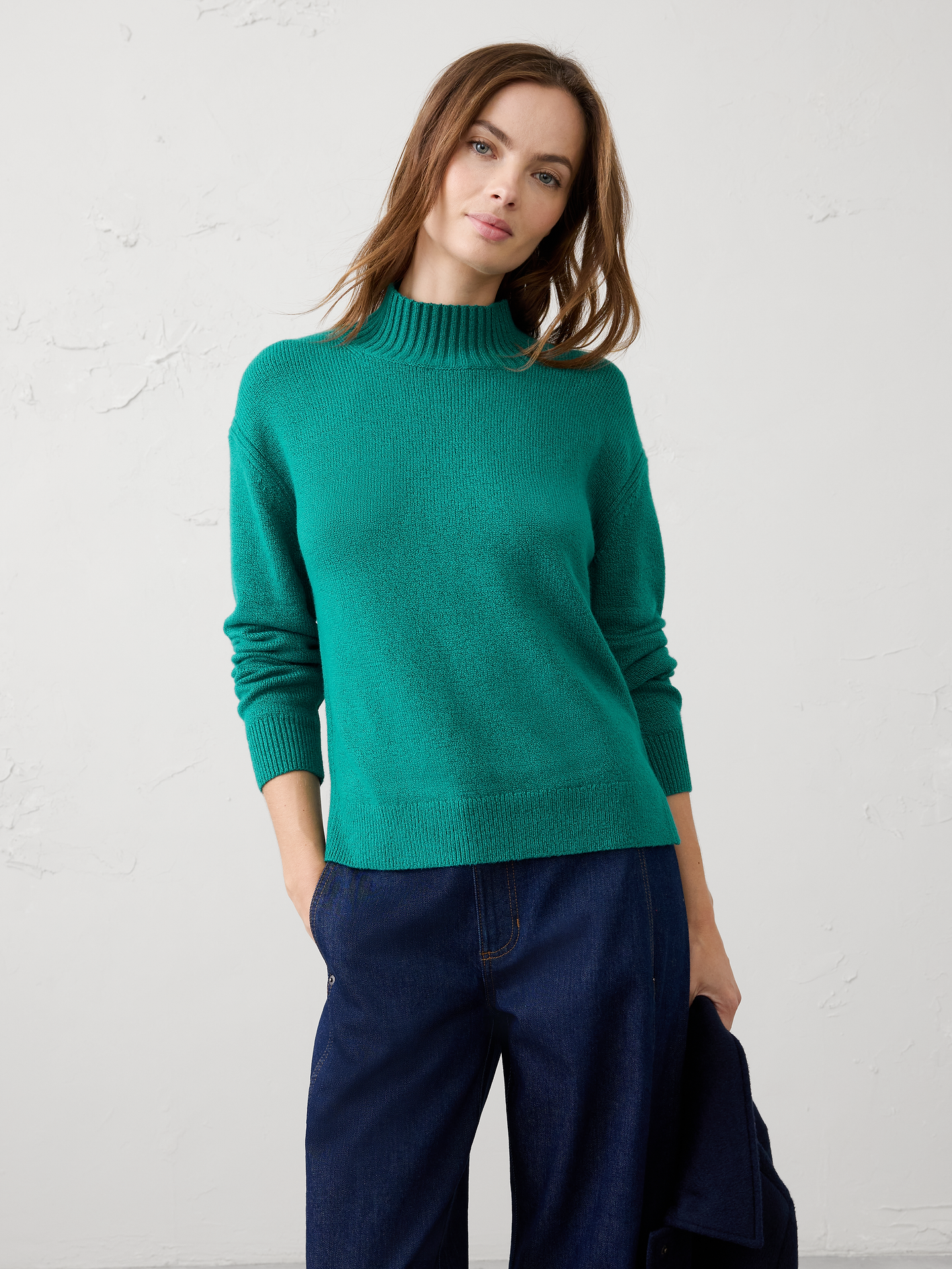 Image 1 of 3, Designed to be a go‑to layering essential, this sweater offers a soft, warm hand feel with lightweight comfort that never feels bulky. Cozy and versatile, it's perfect for transitional weather, whether worn on its own or layered under jackets and outerwear. Effortlessly polished and easy to style, it's a piece you'll reach for season after season., Mock neckline. Long sleeves., Drop shoulders., Ribbed neckline, arm cuffs and hem., Side seam slits at hem., Made exclusively for Banana Republic Factory., Product #1177078